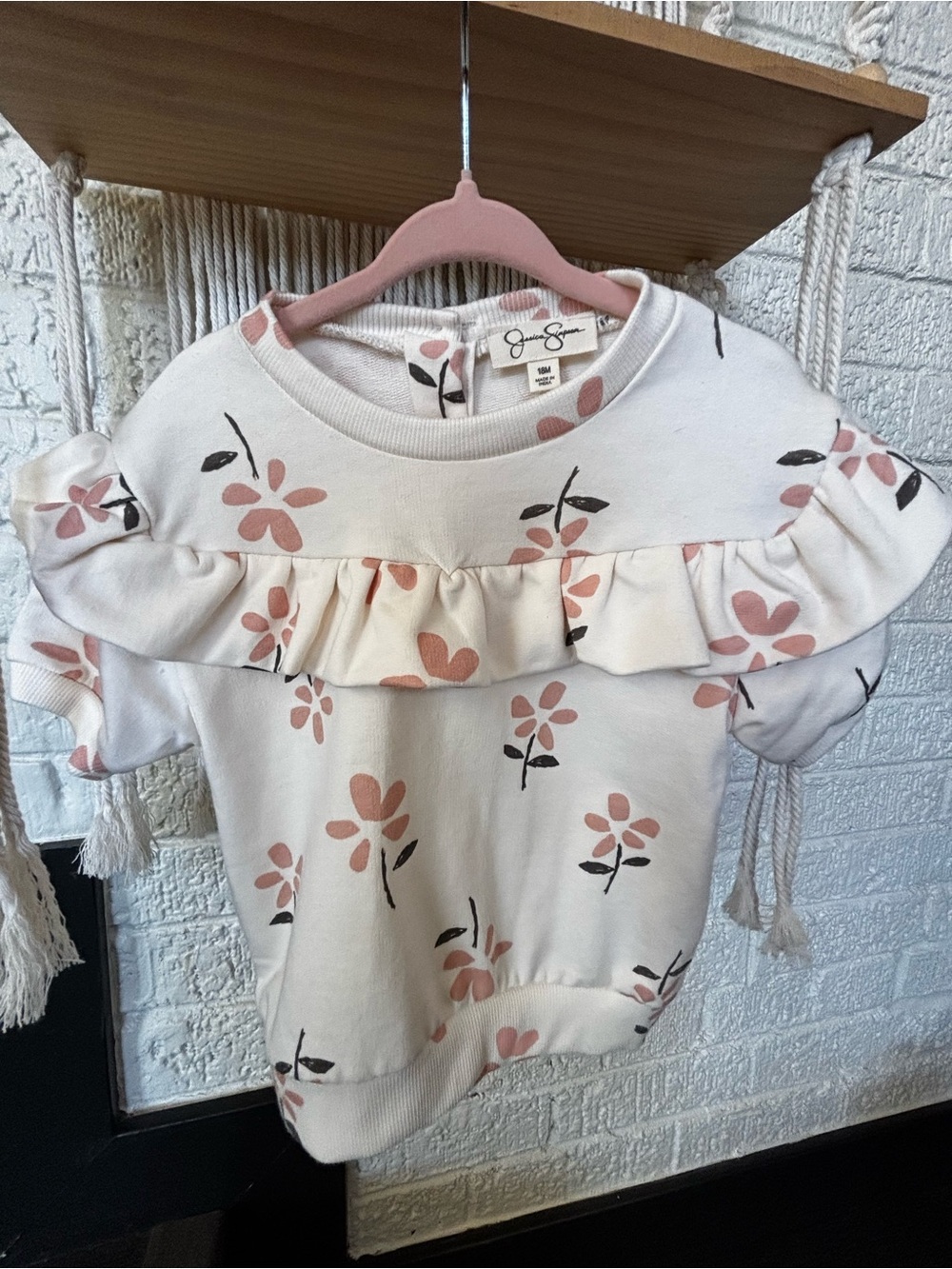 Jessica Simpson Cream Sweatshirt with Pink Floral Ruffle